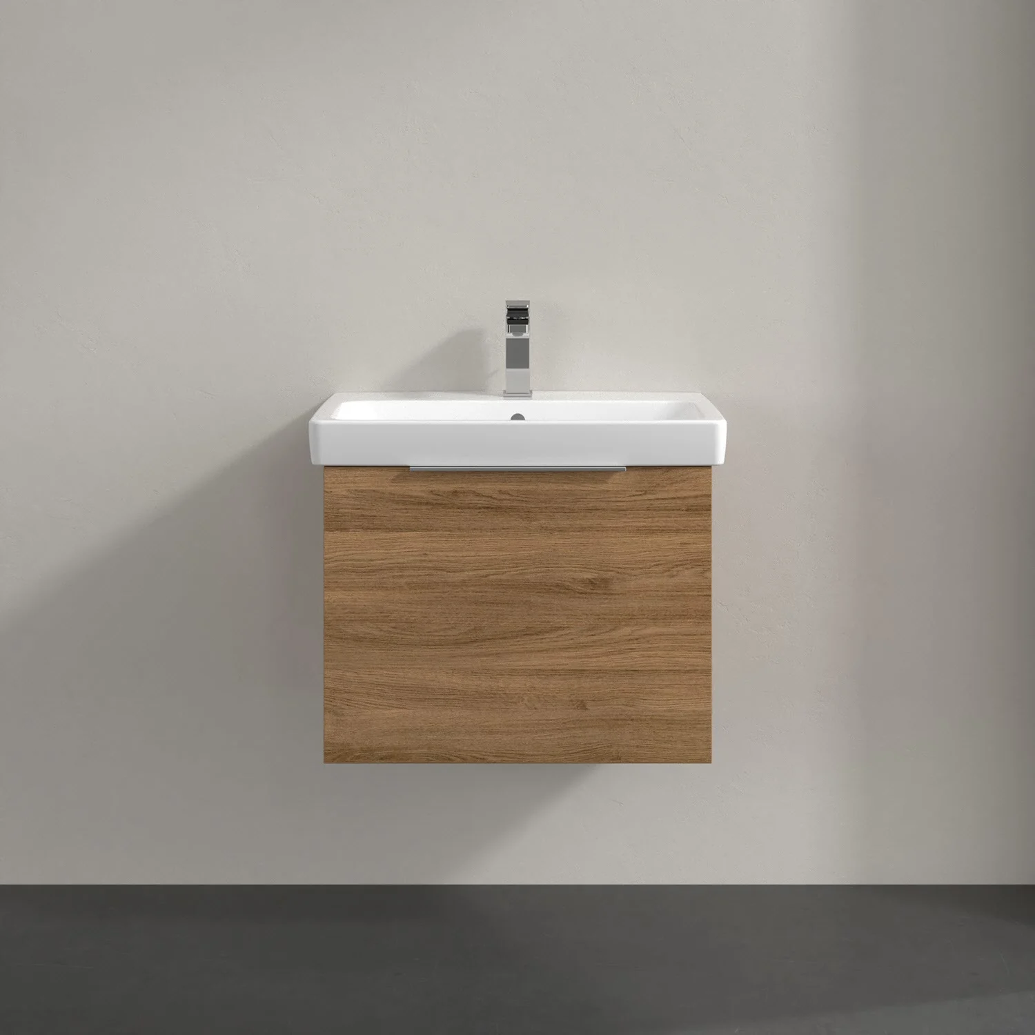 Umywalka z ciemną drewnianą szafką w zbliżeniu, Villeroy & Boch