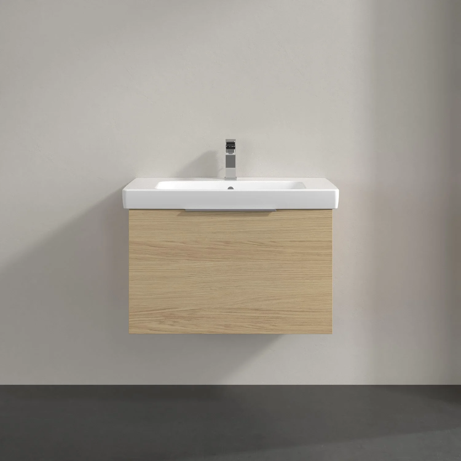 Umywalka z jasną drewnianą szafką z bliska, Villeroy & Boch