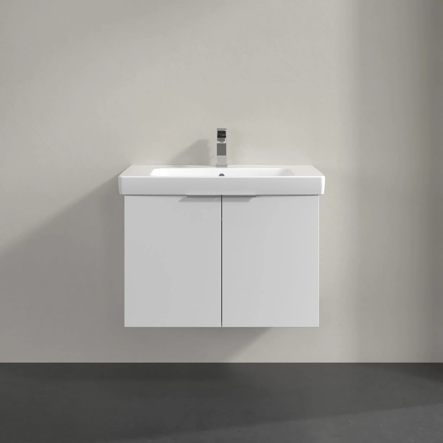 Biała umywalka z szafką dwudrzwiową w zbliżeniu, Villeroy & Boch