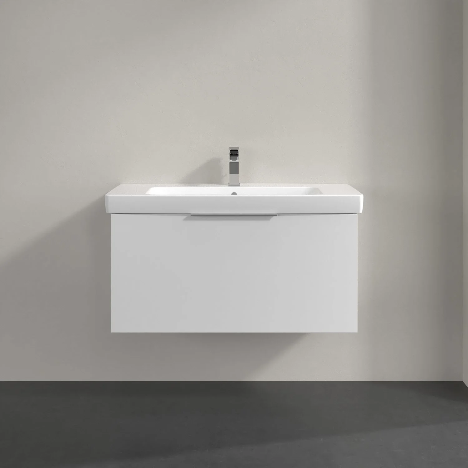 Biała umywalka z szafką w zbliżeniu, Villeroy & Boch