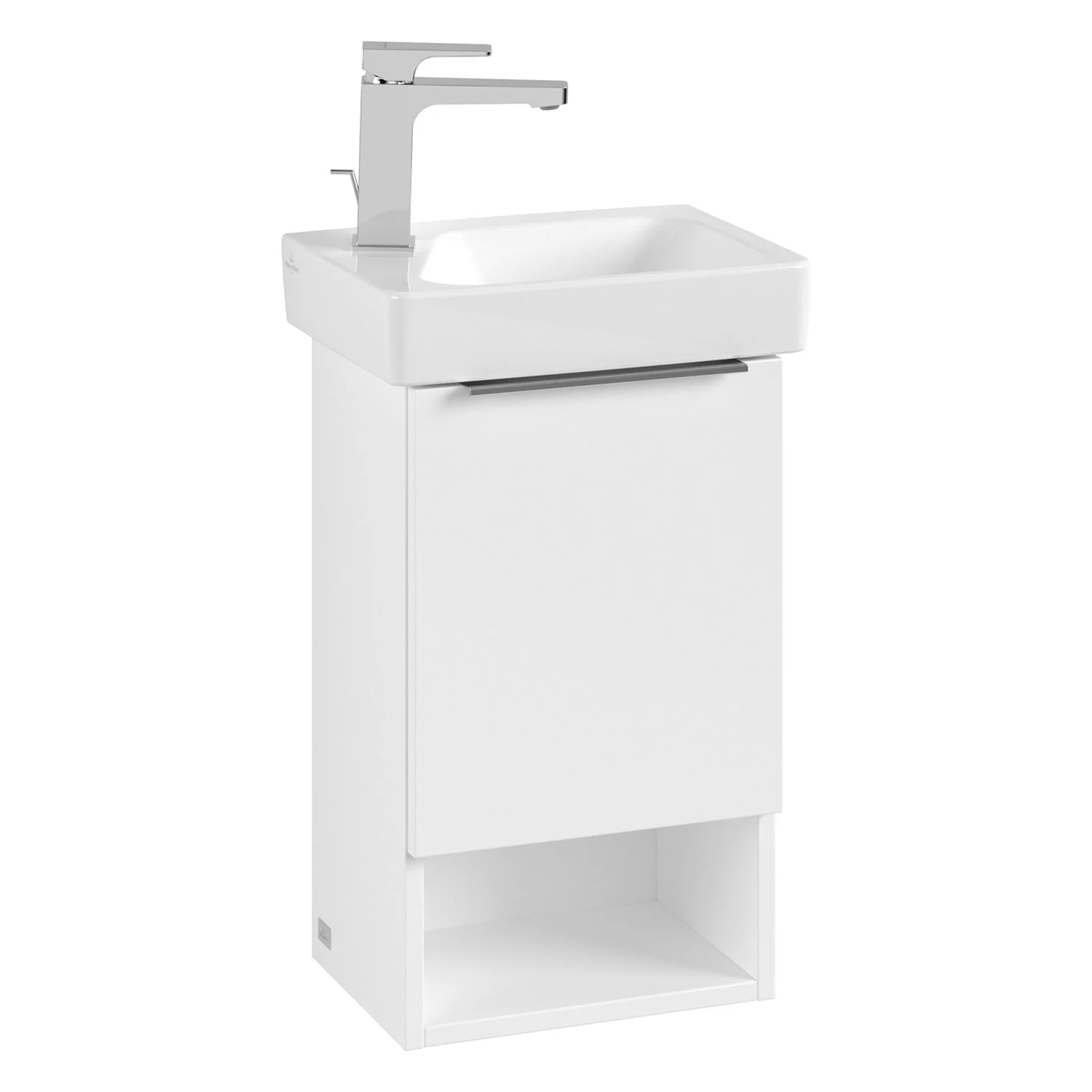Biała szafka umywalkowa z baterią widok z przodu, Villeroy & Boch