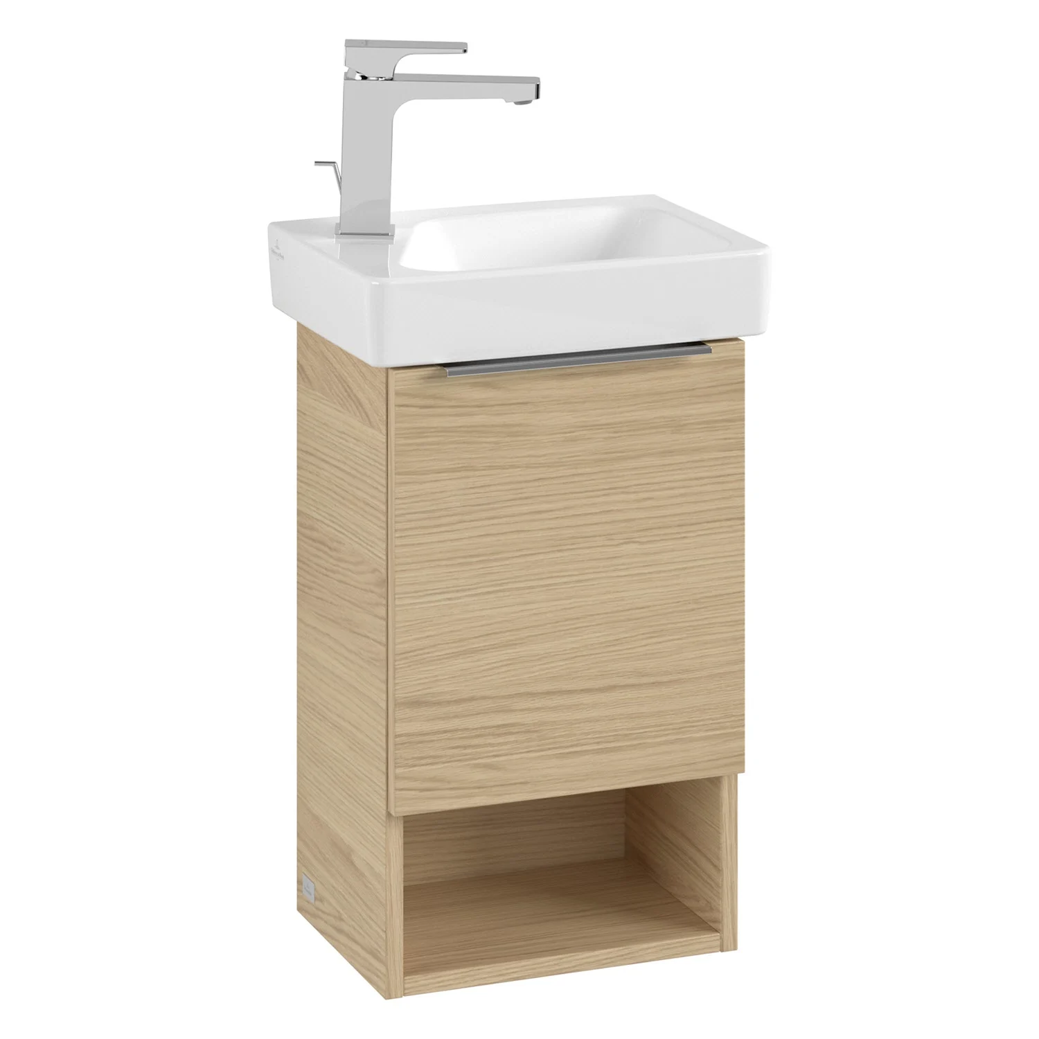 Drewniana szafka umywalkowa z baterią widok z przodu, Villeroy & Boch