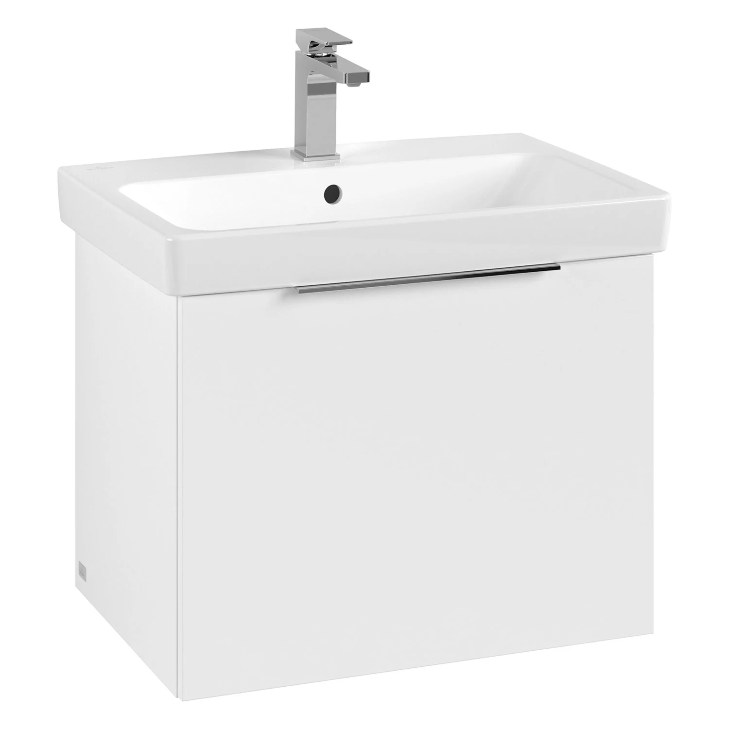 Biała szafka umywalkowa z baterią widok z przodu, Villeroy & Boch