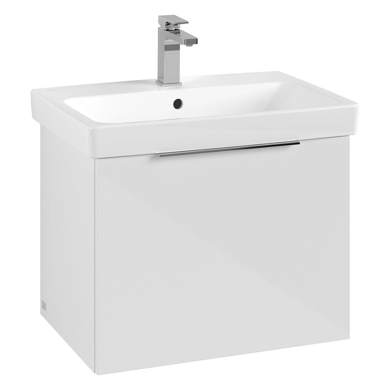 Biała szafka umywalkowa z baterią widok z przodu, Villeroy & Boch