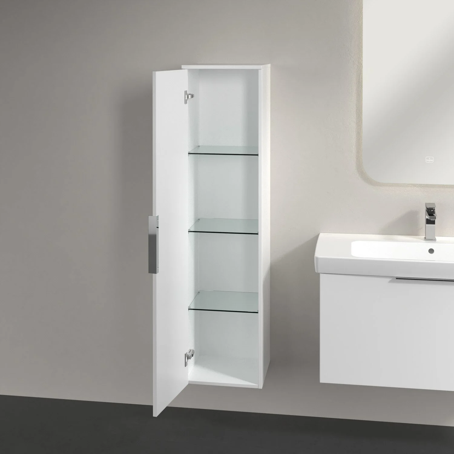 Biała wysoka szafka w łazience obok umywalki, Villeroy & Boch