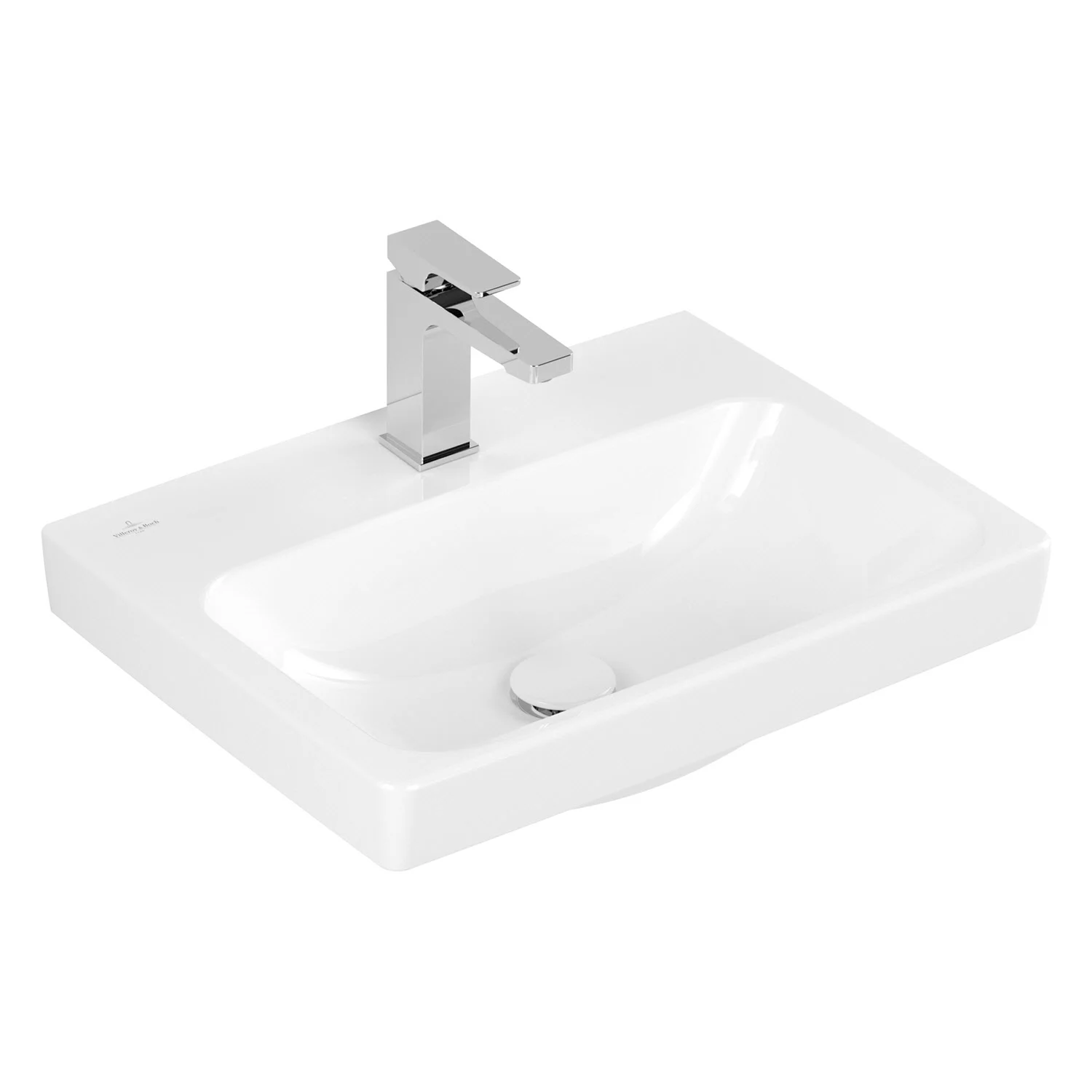 Widok z przodu białej umywalki z baterią, Villeroy & Boch
