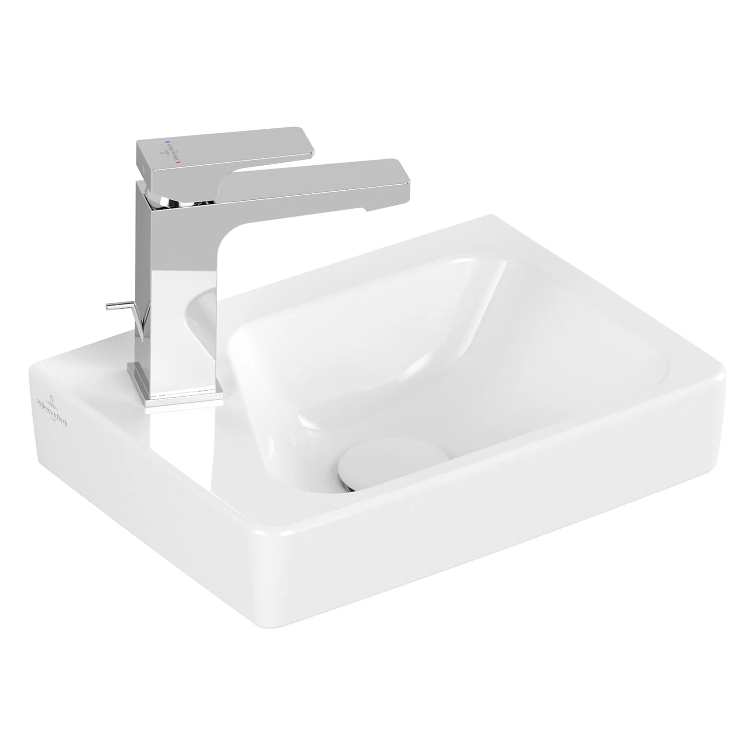 Biała umywalka z baterią w widoku bocznym, Villeroy & Boch