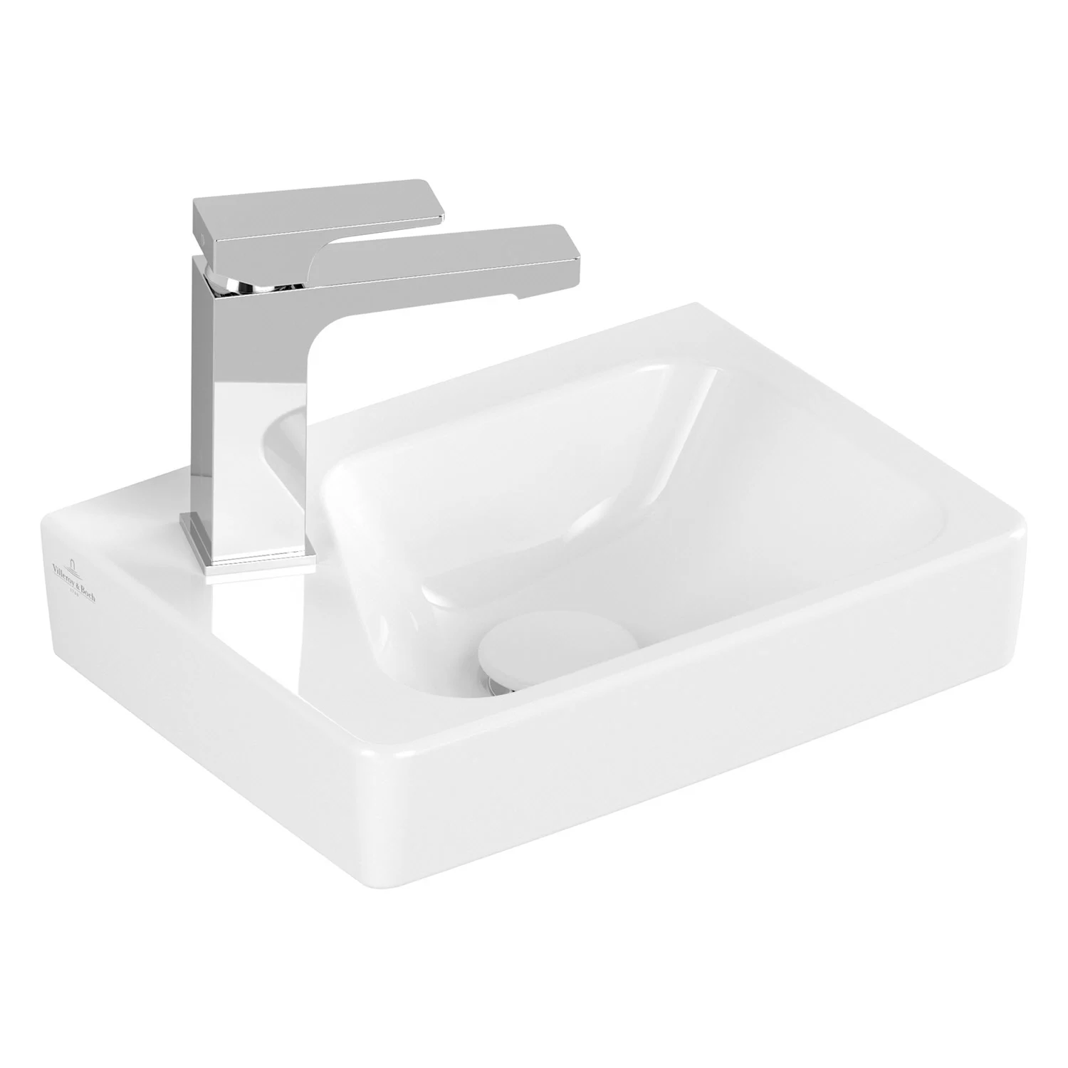 Biała umywalka z baterią w widoku bocznym, Villeroy & Boch