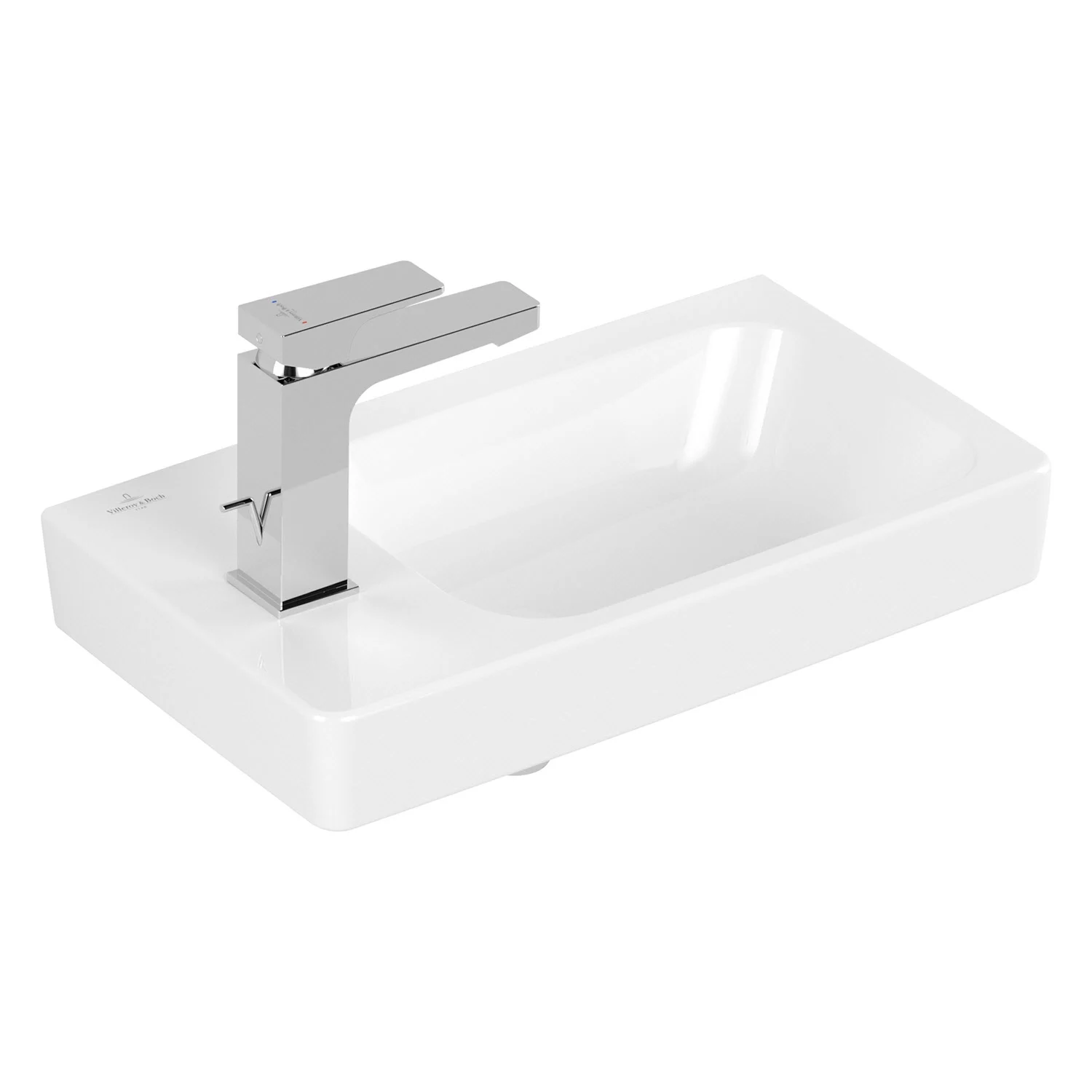 Prostokątna biała umywalka z baterią, Villeroy & Boch