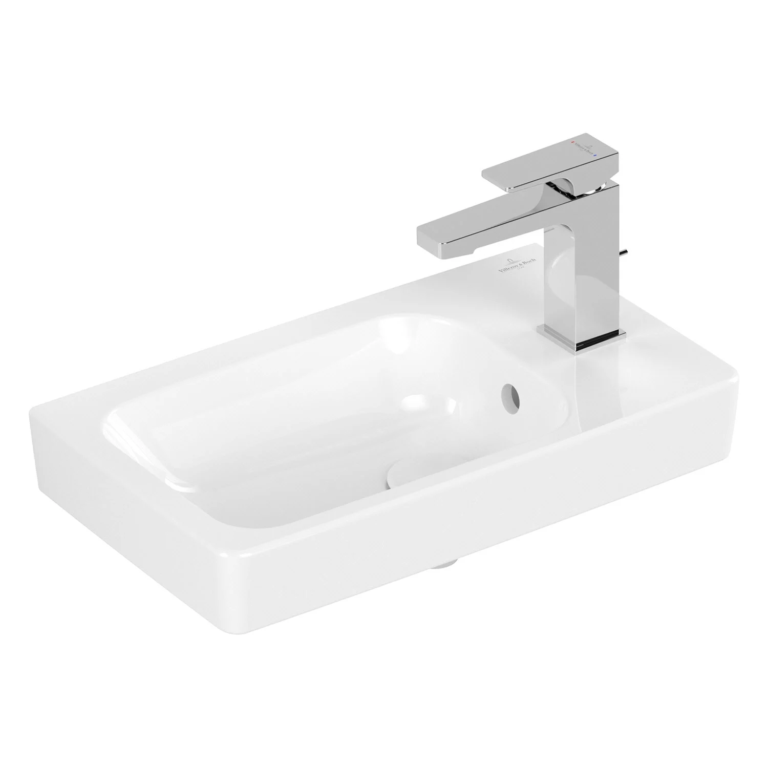 Biała umywalka z baterią, widok z boku, Villeroy & Boch