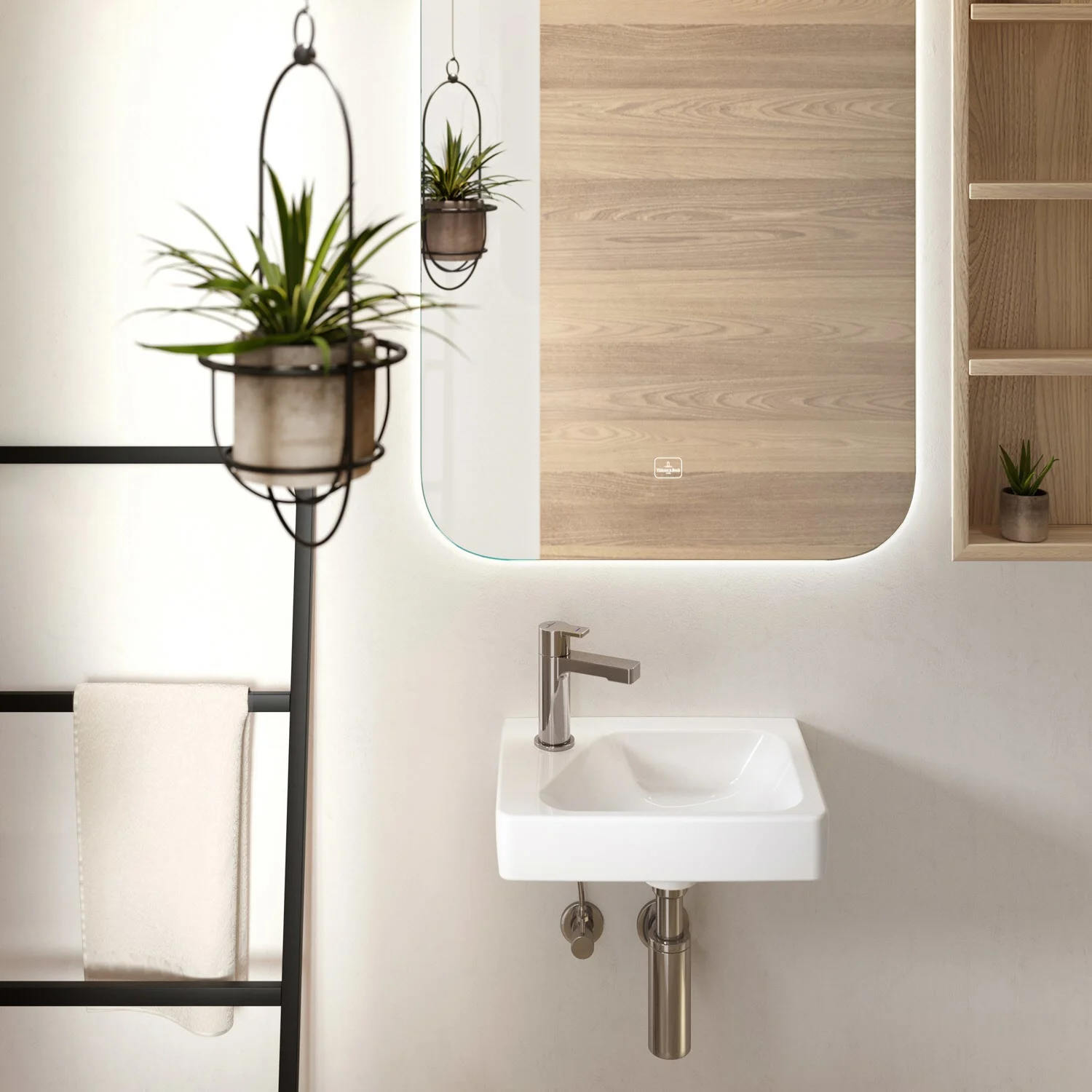 Umywalka z lustrem i roślinami w łazience, Villeroy & Boch