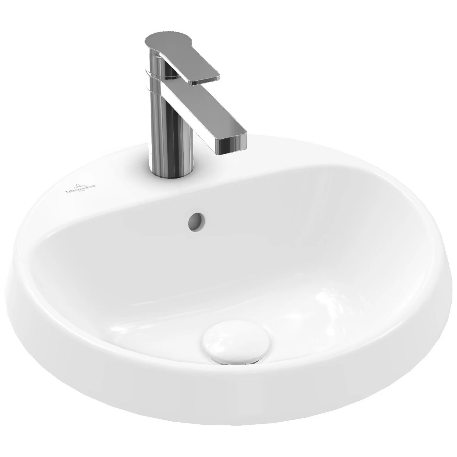 Okrągła biała umywalka z baterią z widokiem z boku, Villeroy & Boch