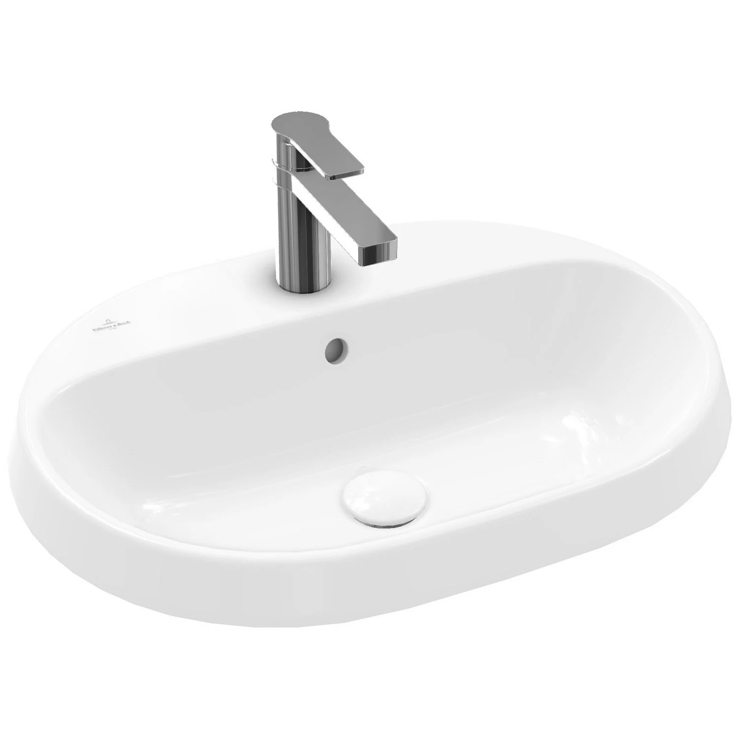Owalna biała umywalka z baterią z widokiem z boku, Villeroy & Boch