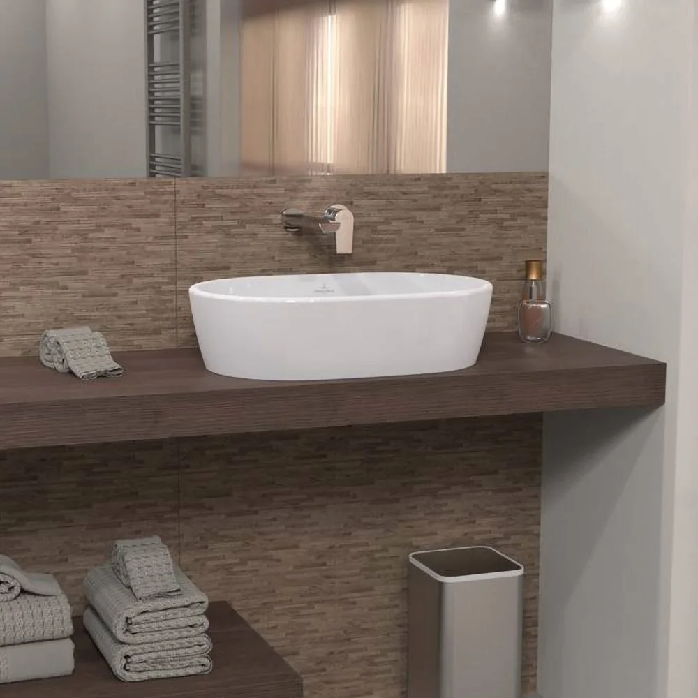Umywalka na drewnianym blacie w łazience, Villeroy & Boch