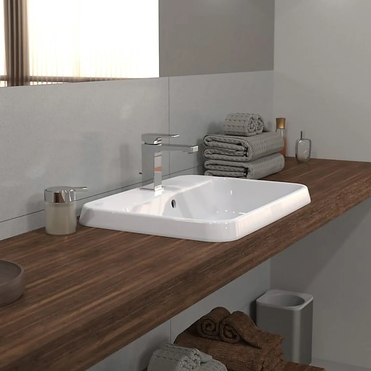 Umywalka na drewnianym blacie w łazience, Villeroy & Boch