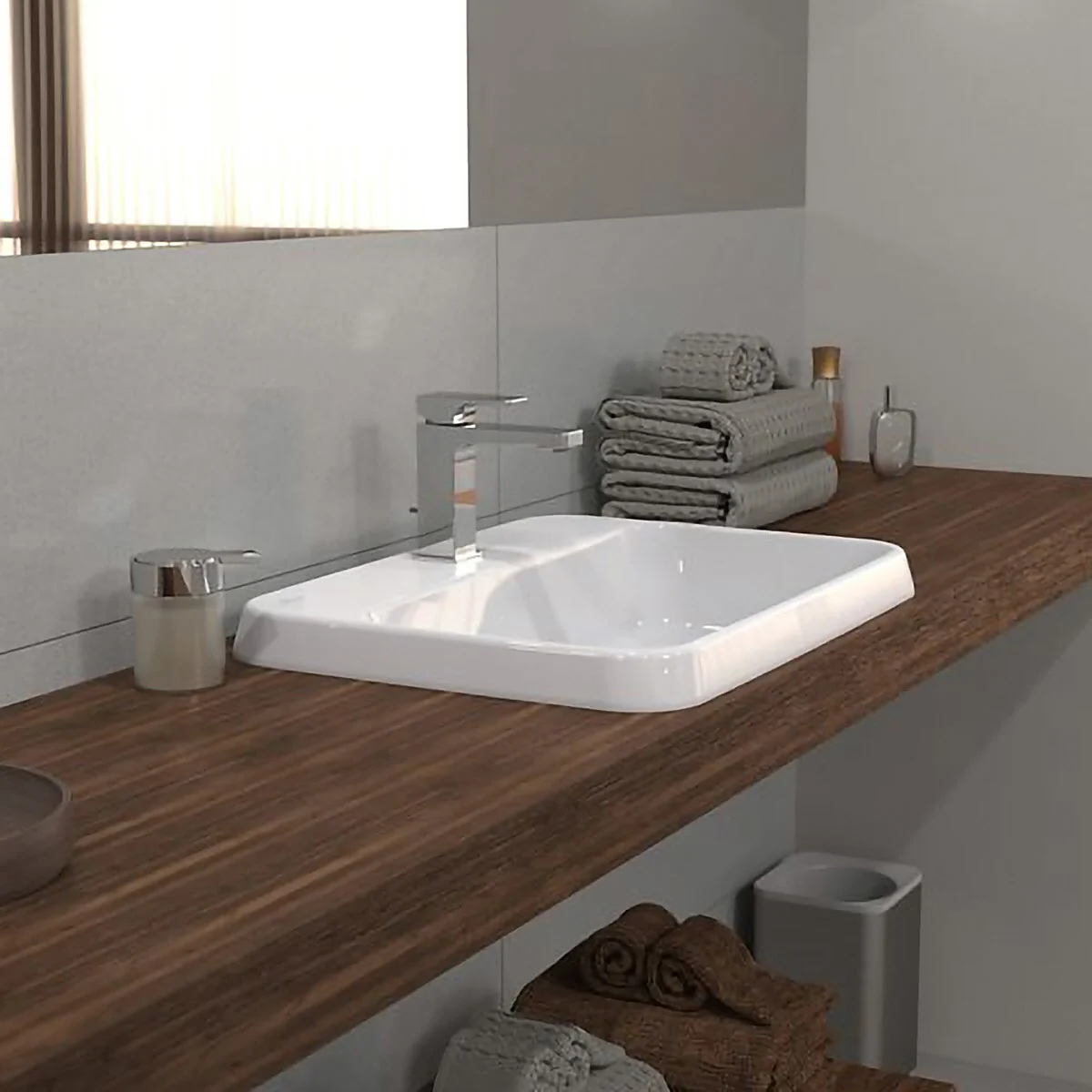 Umywalka na drewnianym blacie w łazience, Villeroy & Boch