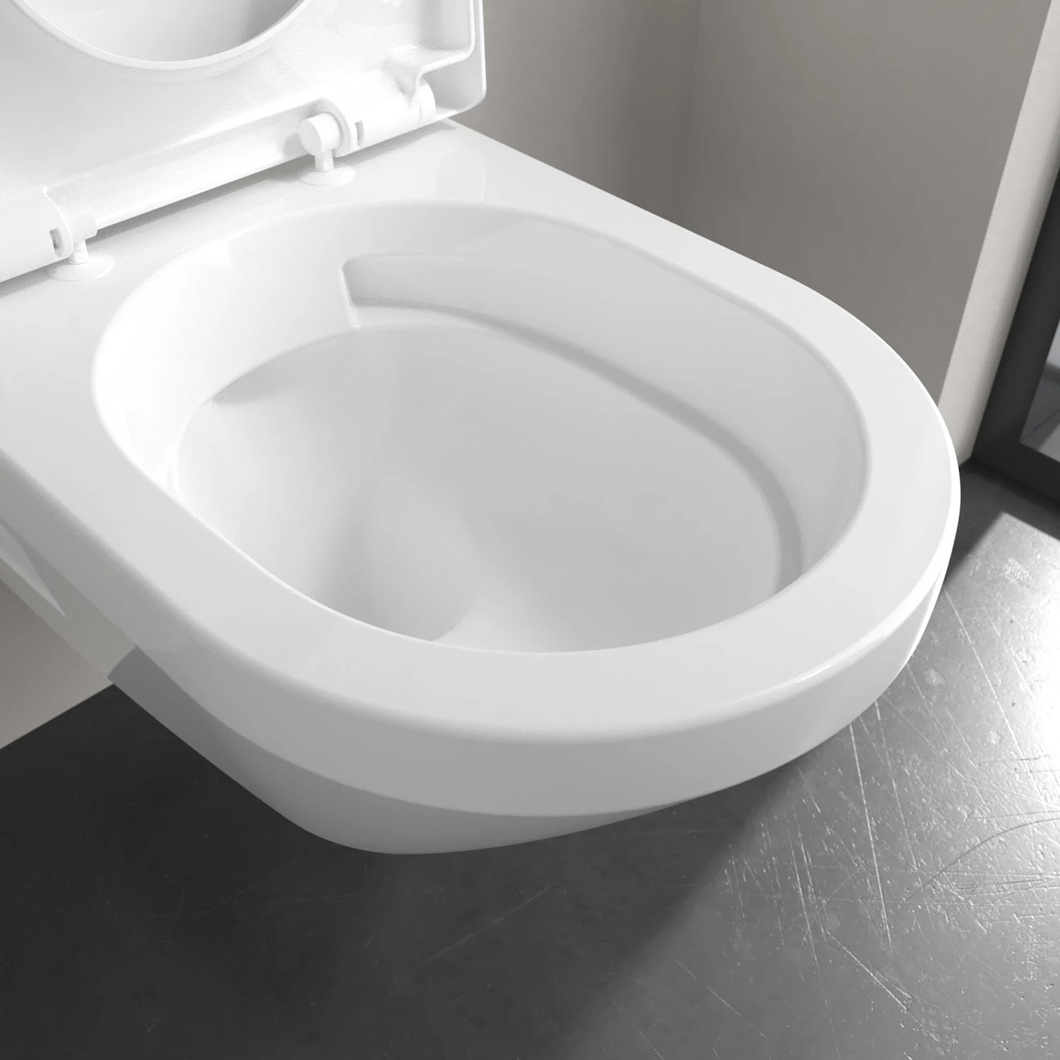 Zbliżenie białej toalety ściennej z otwartą pokrywą, Villeroy & Boch