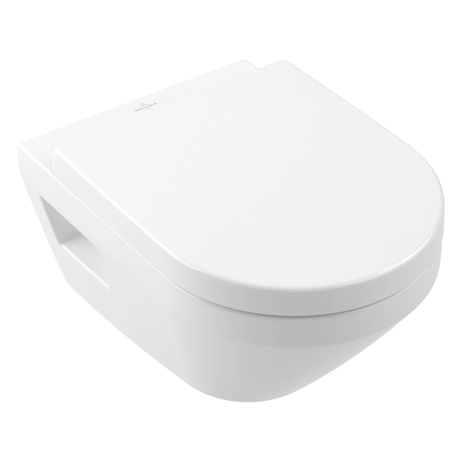 Widok z boku białej toalety wiszącej, Villeroy & Boch
