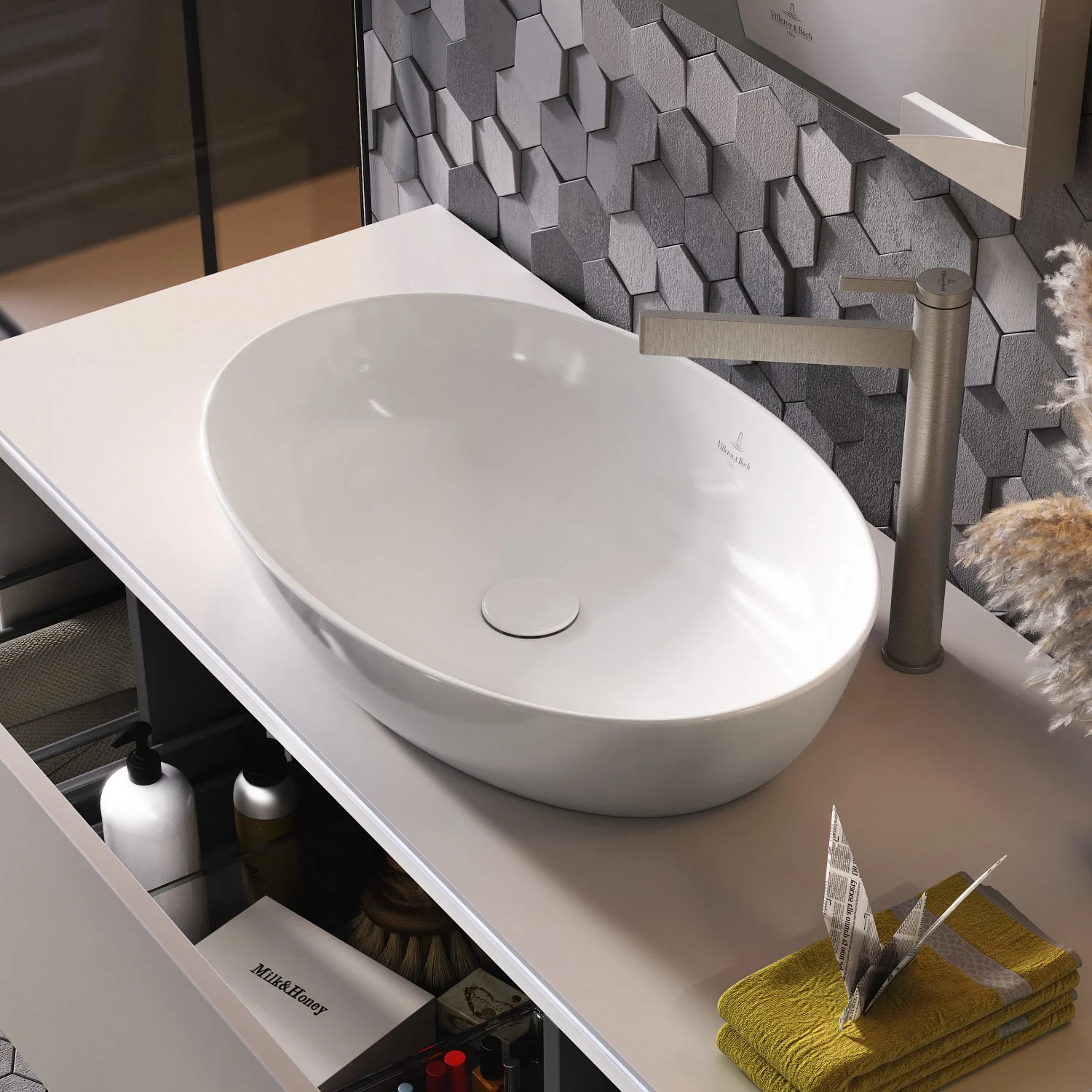 Biała umywalka na ciemnym blacie, Villeroy & Boch