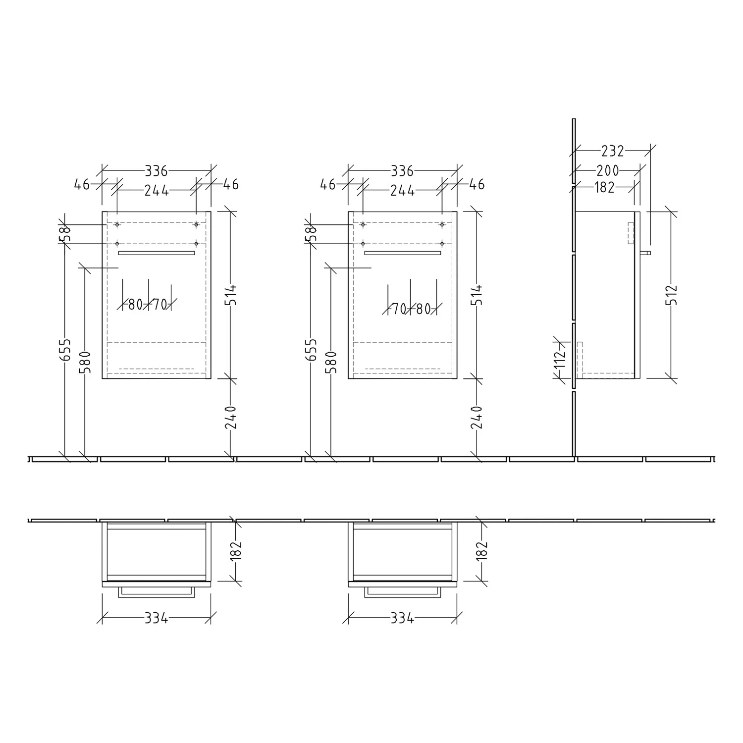 Rysunek techniczny umywalki z wymiarami, Villeroy & Boch