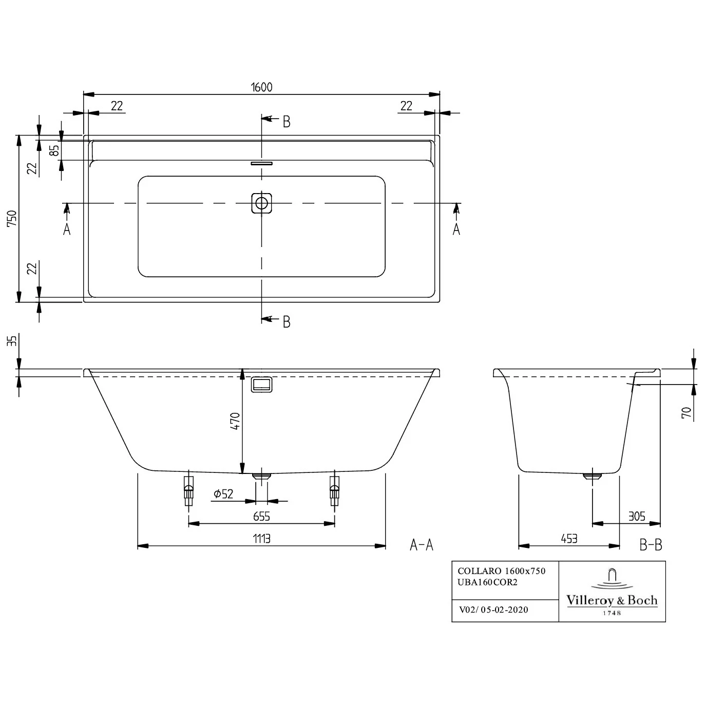 Rysunek techniczny wanny Collaro, Villeroy & Boch