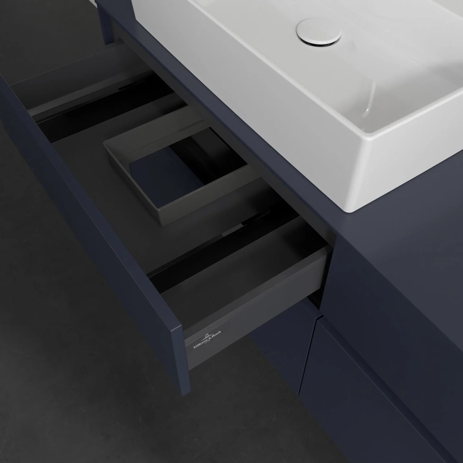 Umywalka z otwartą szufladą w ciemnoniebieskim kolorze, Villeroy & Boch