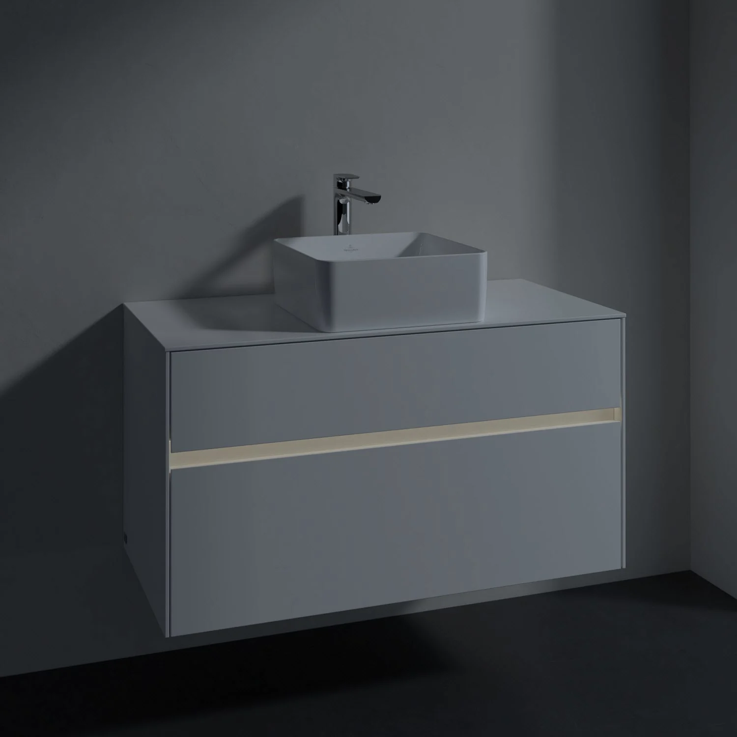Szary zlew z szafką w zbliżeniu, Villeroy & Boch