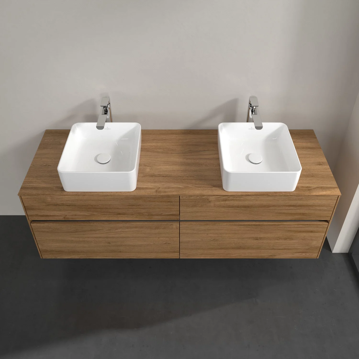 Podwójna umywalka w drewnianym wyglądzie z góry, Villeroy & Boch