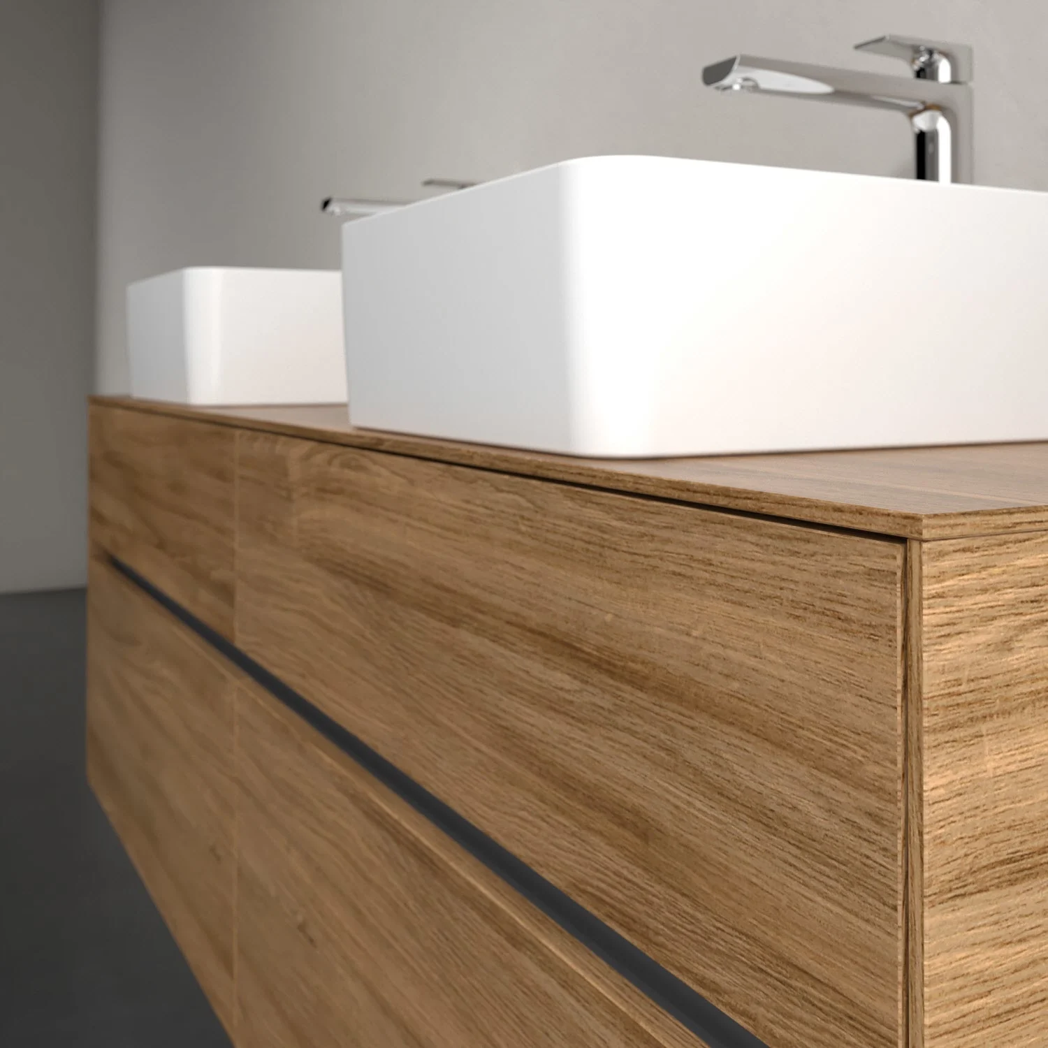 Umywalka z drewnianą szafką zbliżenie, Villeroy & Boch
