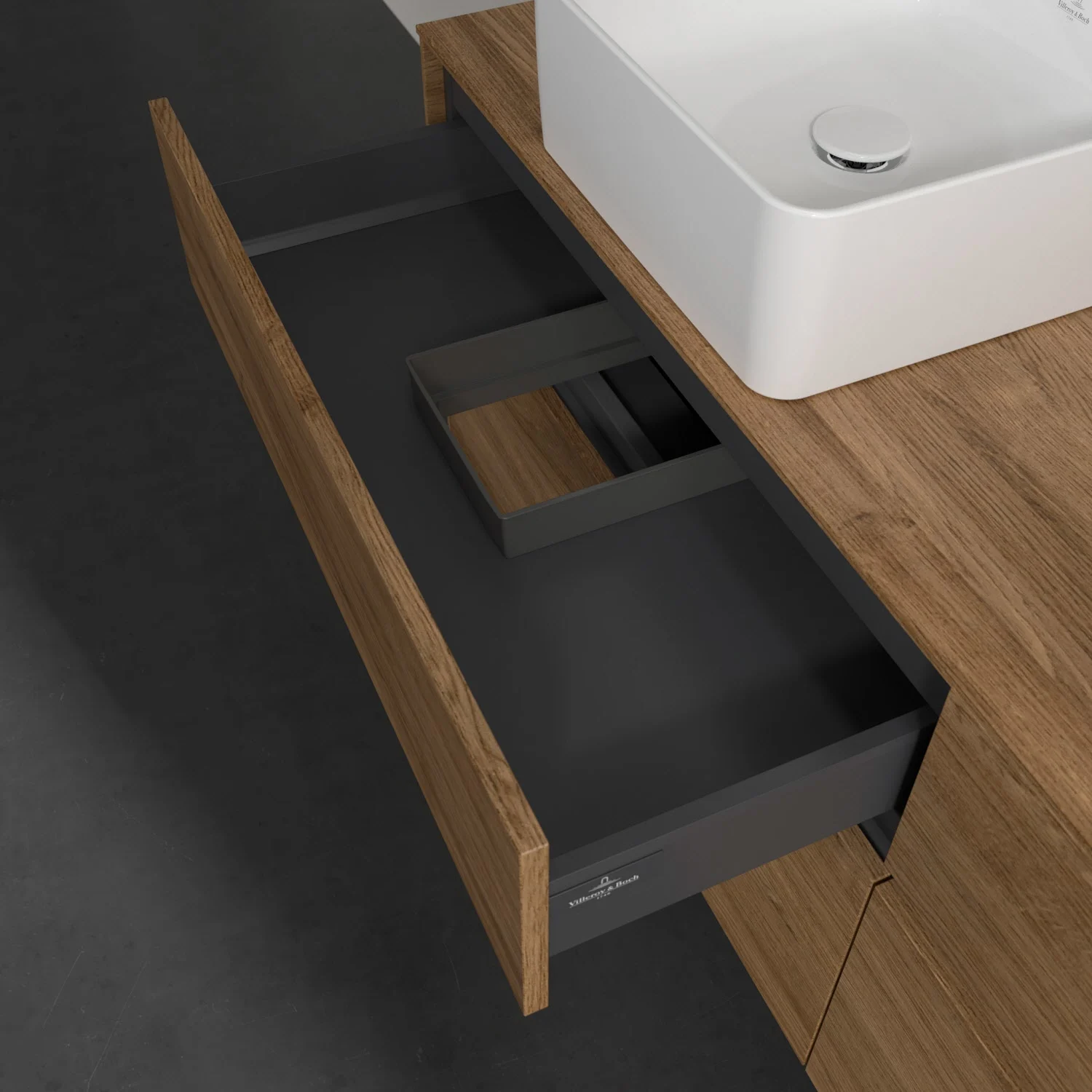 Otwarta szuflada pod białą umywalką, Villeroy & Boch