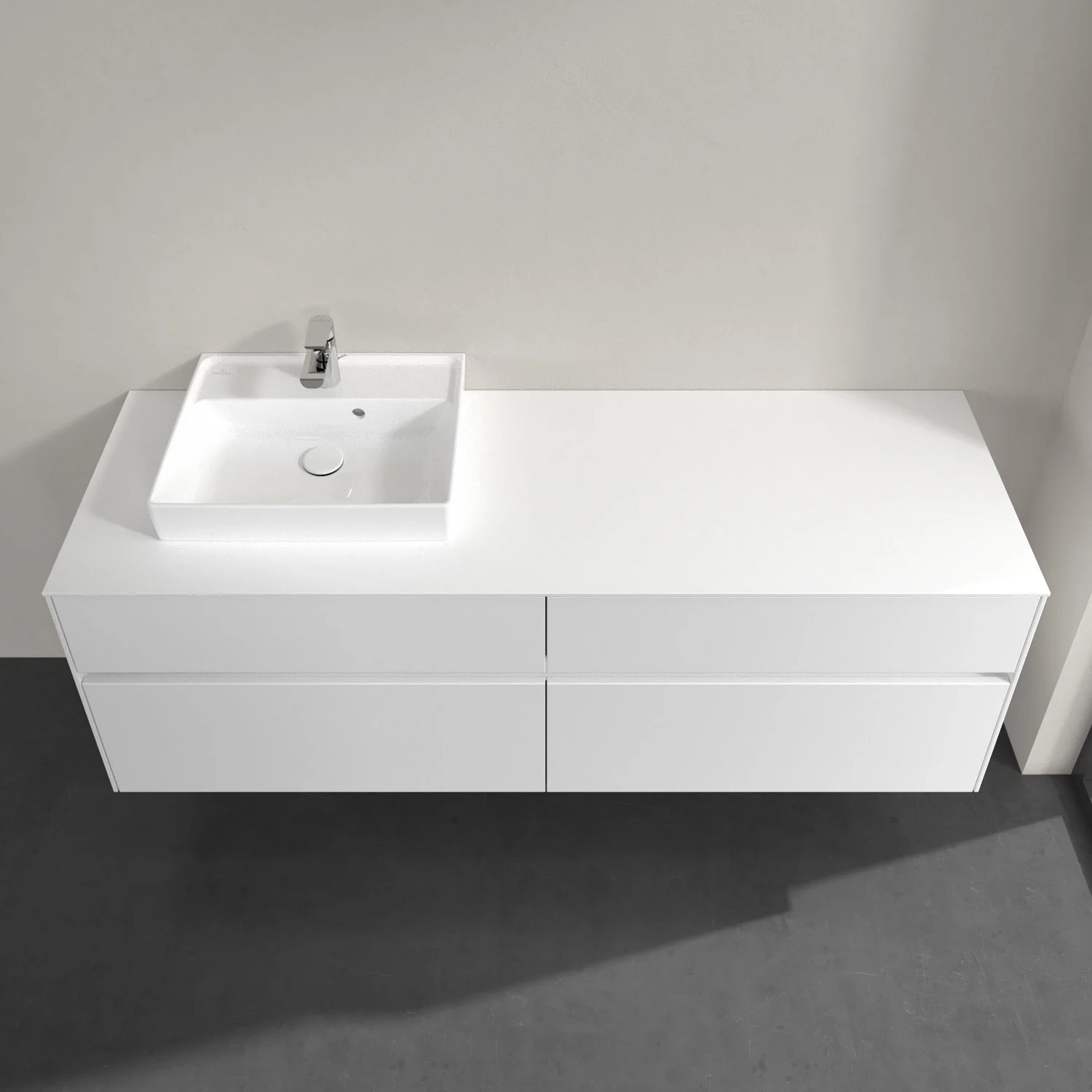 Białe meble łazienkowe z umywalką z góry, Villeroy & Boch