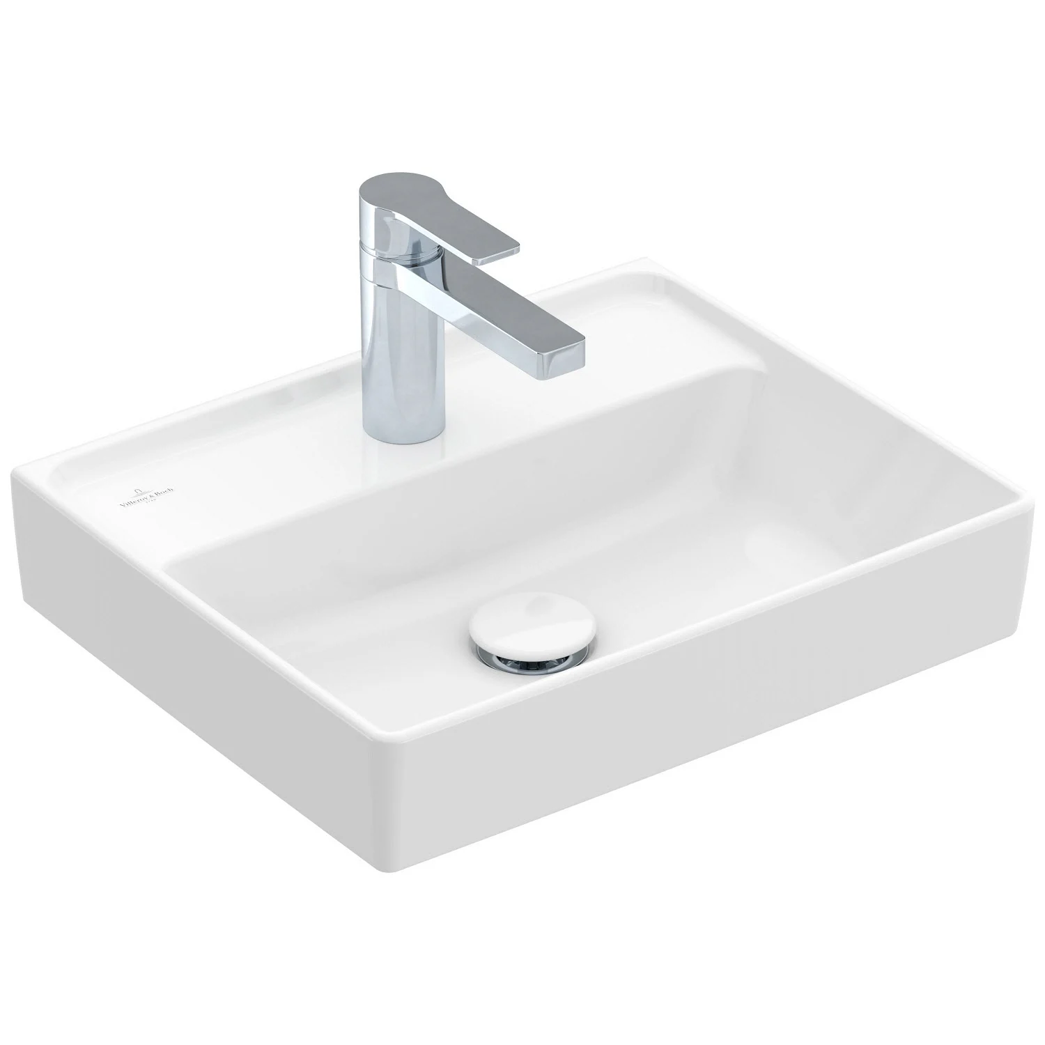 Widok z przodu białej umywalki z kranem, Villeroy & Boch