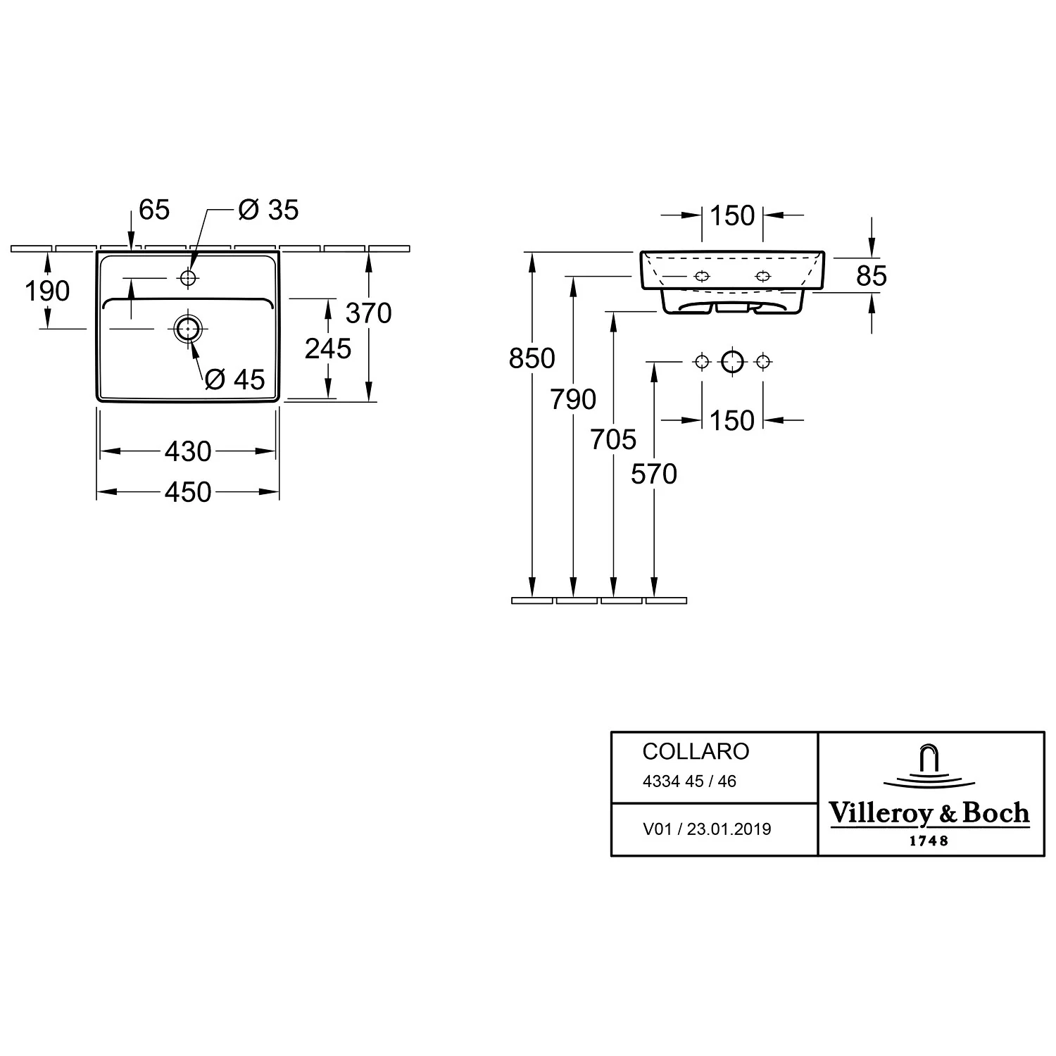 Rysunek techniczny umywalki z wymiarami, Villeroy & Boch