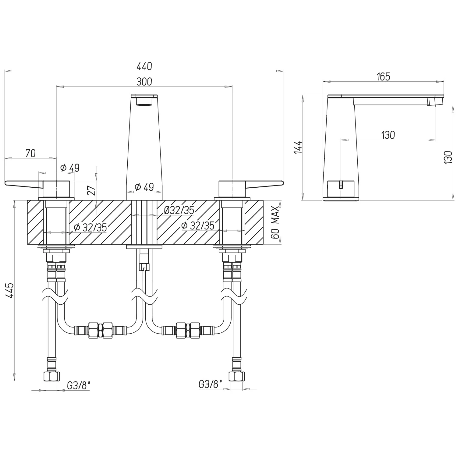 Rysunek techniczny baterii z wymiarami, Villeroy & Boch