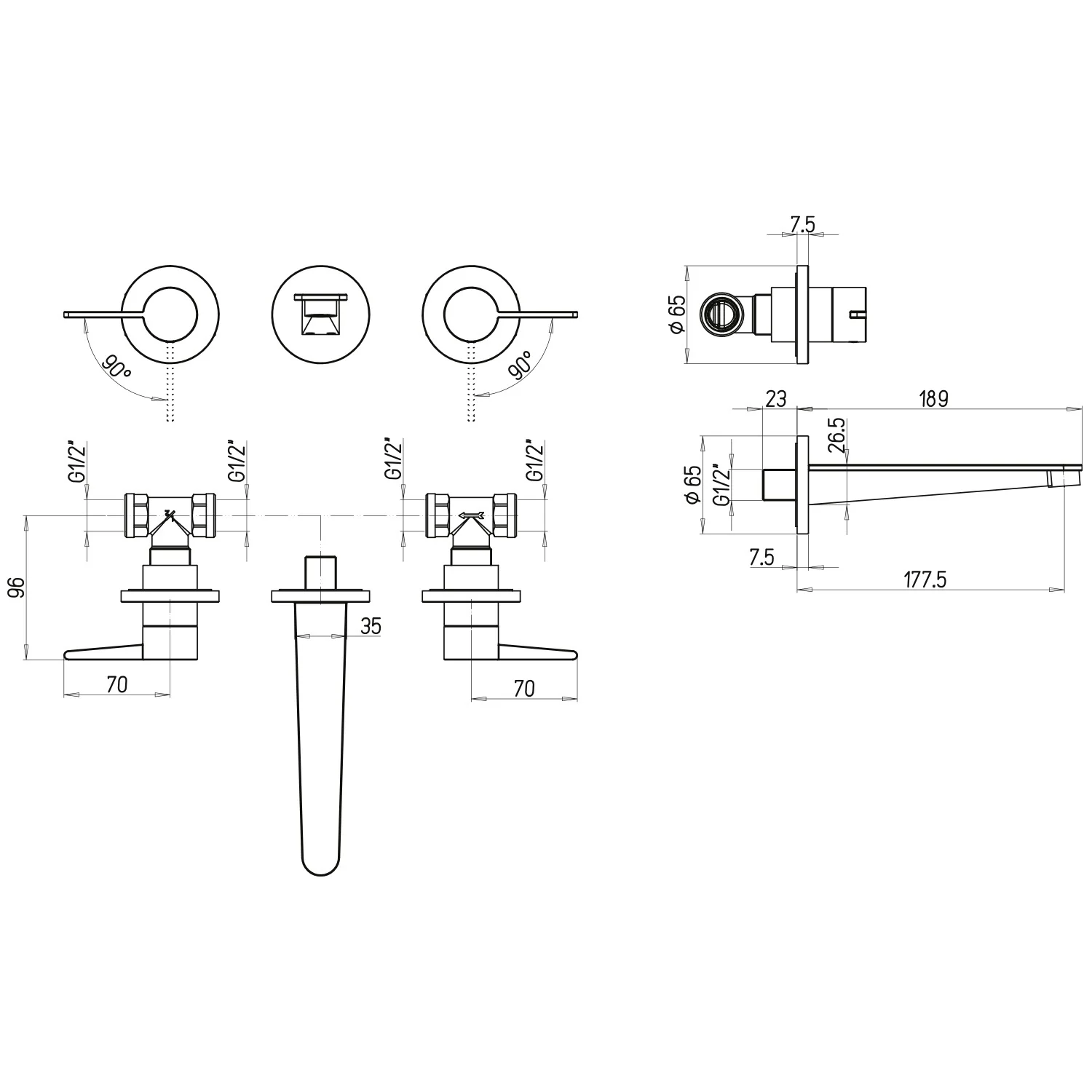 Rysunek techniczny baterii z wymiarami, Villeroy & Boch