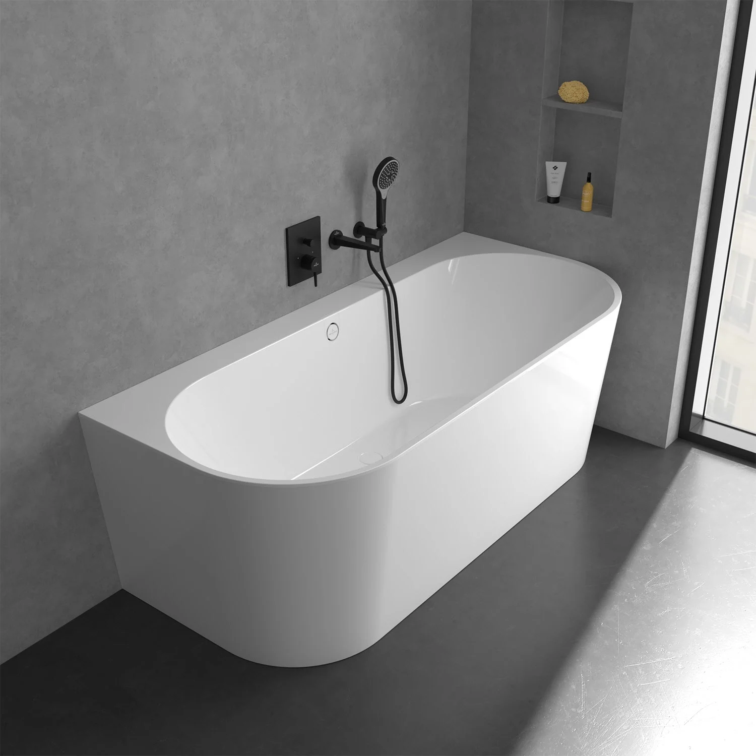 Biała wanna z czarną baterią w łazience, Villeroy & Boch