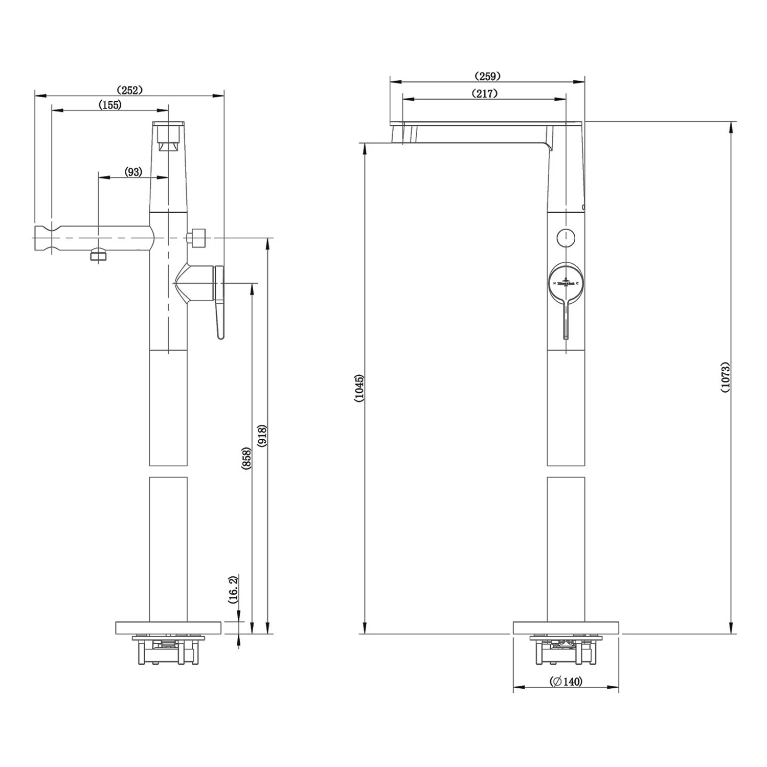 Rysunek techniczny baterii z wymiarami, Villeroy & Boch