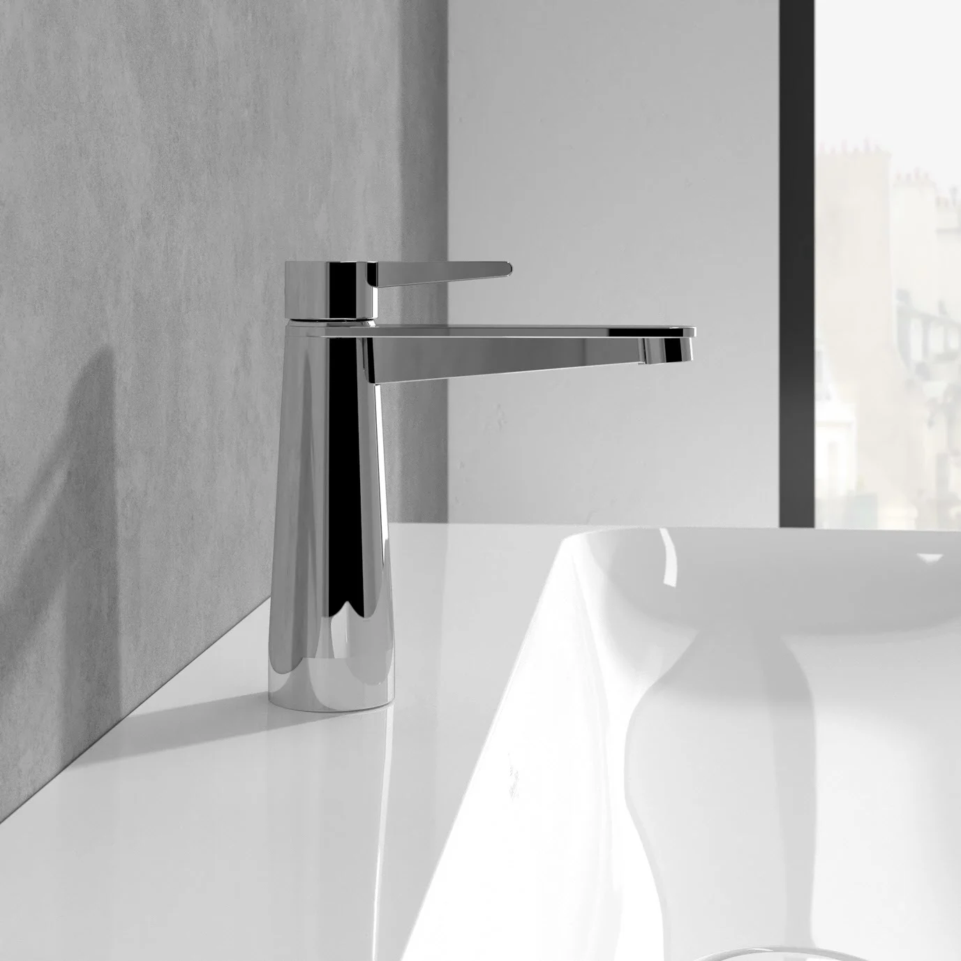 Chromowana bateria obok białej umywalki, Villeroy & Boch