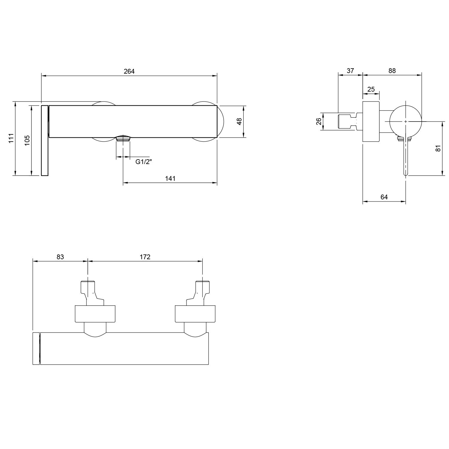 Rysunek techniczny baterii z wymiarami, Villeroy & Boch