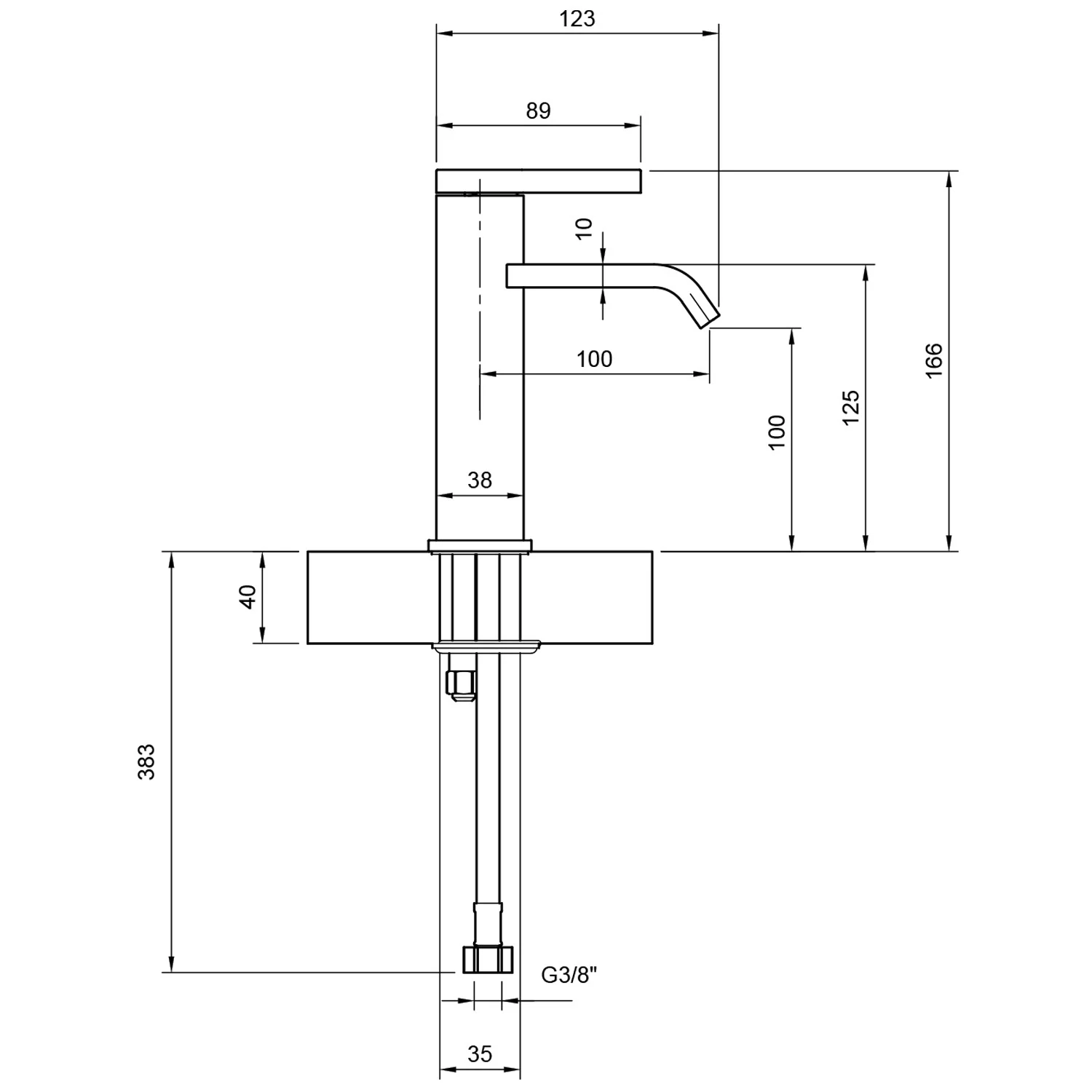 Rysunek techniczny baterii z wymiarami, Villeroy & Boch