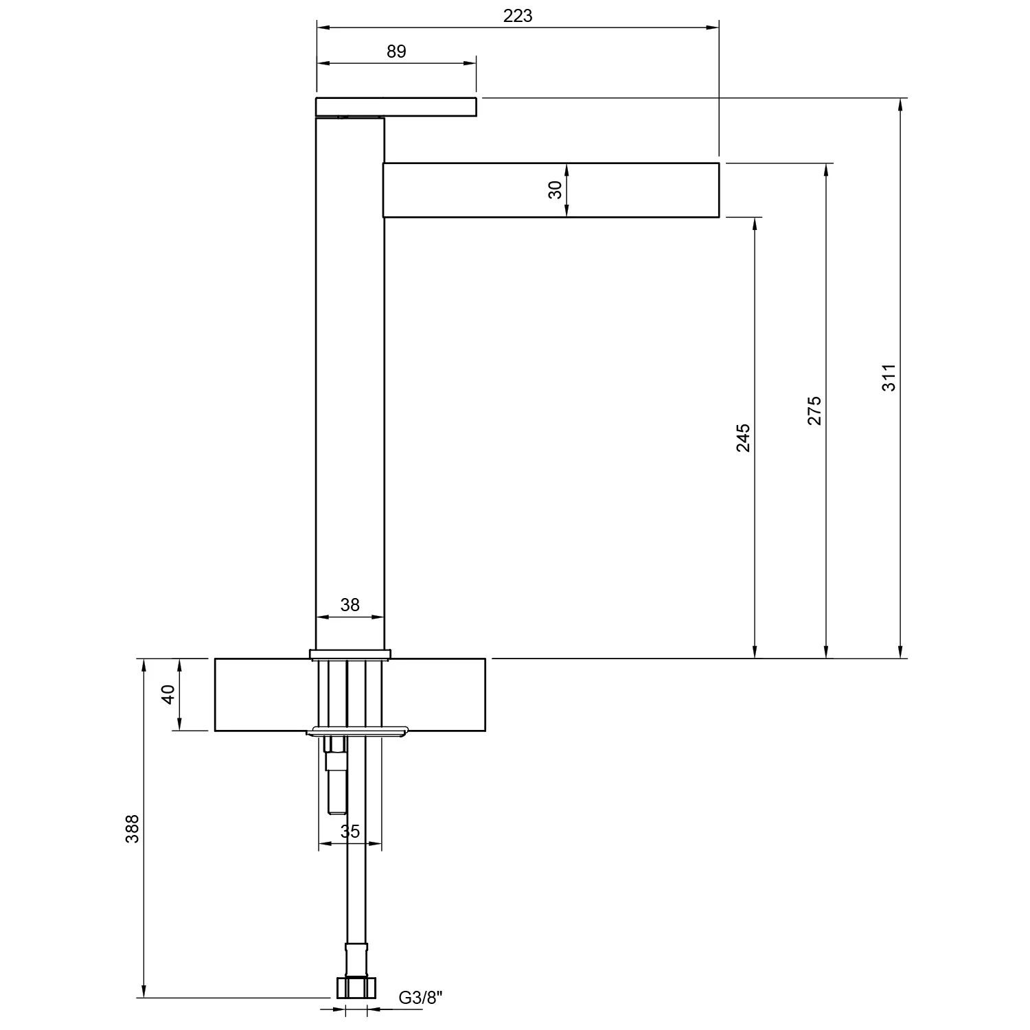Rysunek techniczny baterii z wymiarami, Villeroy & Boch