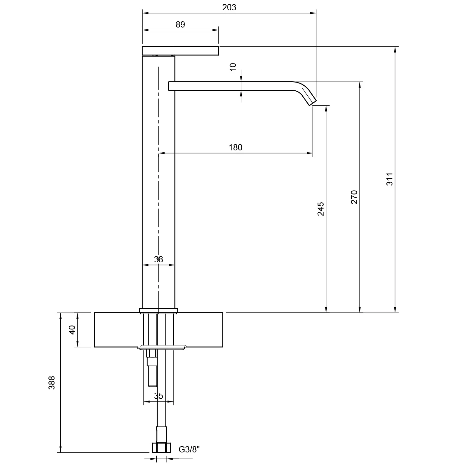 Rysunek techniczny armatury z wymiarami, Villeroy & Boch