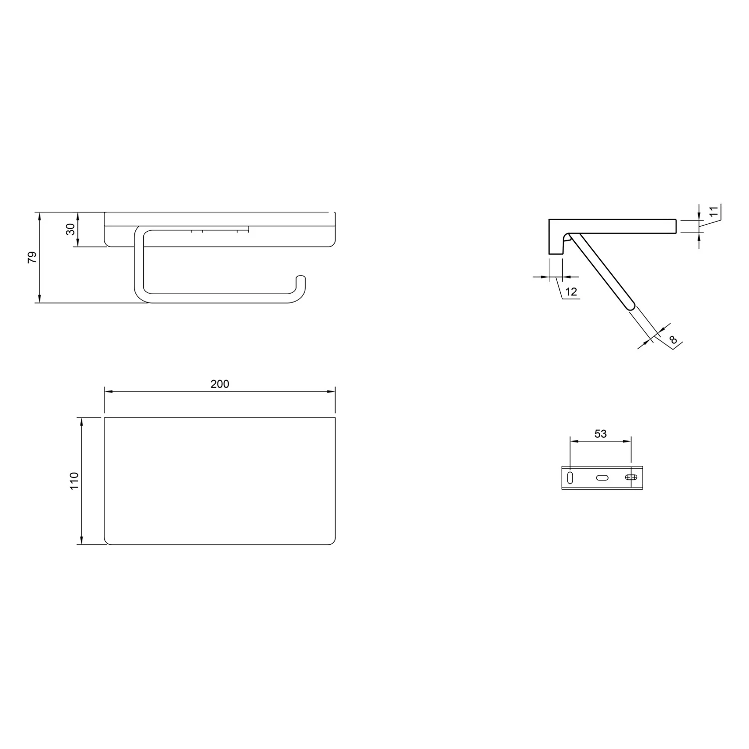 Rysunek techniczny uchwytu na papier toaletowy z wymiarami, Villeroy & Boch