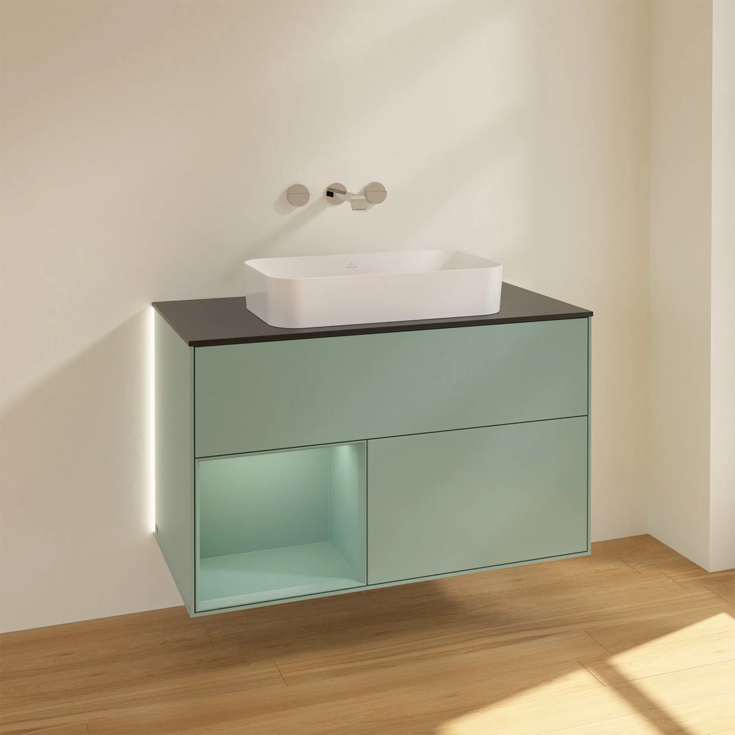 Zielone meble łazienkowe z umywalką z bliska, Villeroy & Boch
