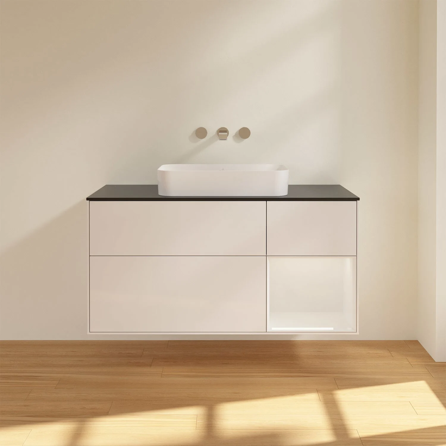 Białe meble łazienkowe z czarną powierzchnią w łazience, Villeroy & Boch