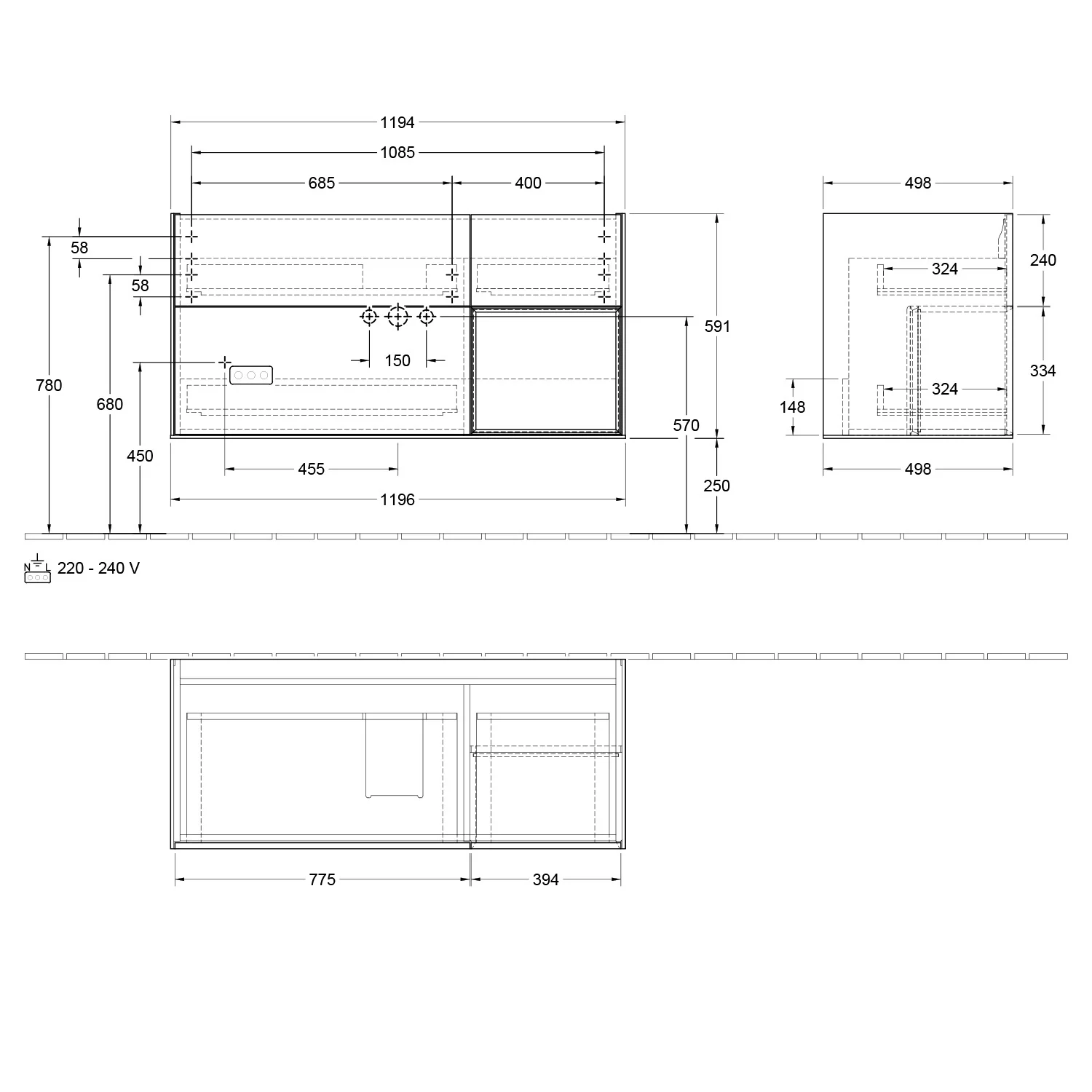 Villeroy & Boch Finion Waschtischunterschrank 119,6 cm mit Regalelement rechts, 3 Auszügen Bild 5