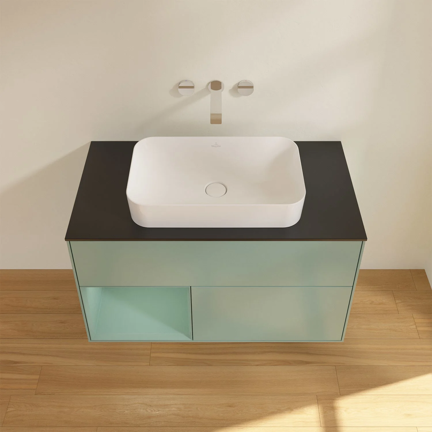 Umywalka z miętową szafką z góry, Villeroy & Boch
