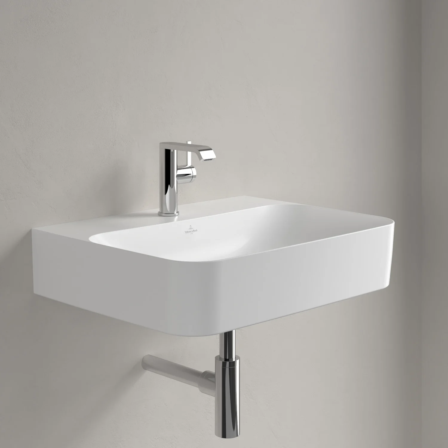 Biała umywalka z baterią w zbliżeniu, Villeroy & Boch