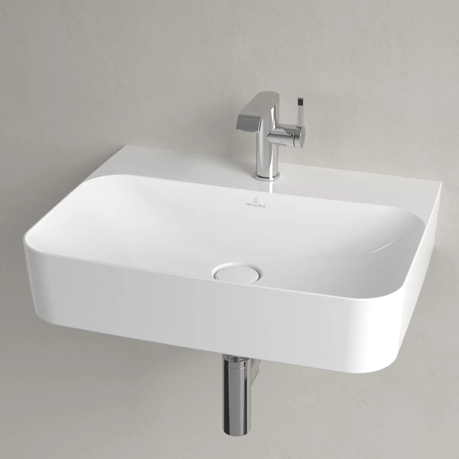 Zbliżenie białej umywalki z kranem, Villeroy & Boch