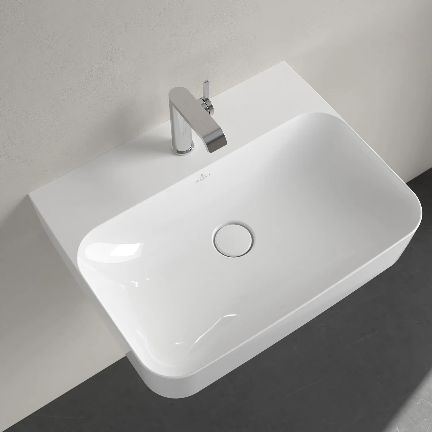 Zbliżenie białej umywalki z góry, Villeroy & Boch